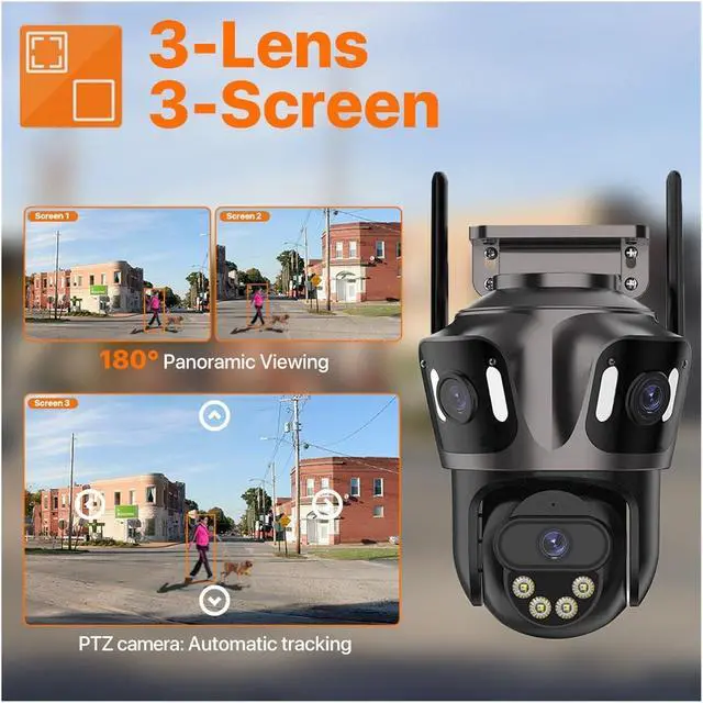 Alt view image 3 of 7 - Three Screen WiFi IP Camera Outdoor 4K Dual Lens PTZ Camera Ai Human Detection IP66 Waterproof CCTV Video Security Camera ICsee(UK Plug,3 Lens No Card)
