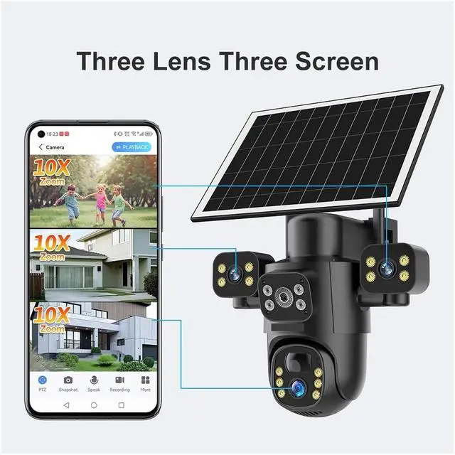 Alt view image 3 of 6 - 4G / WiFi Solar Camera 3Lenses Outdoor 15MP 4K Low Power Battery IP Camera PIR Night Vision V380 Pro CCTV Security(4G 10XZoom Add 64G)