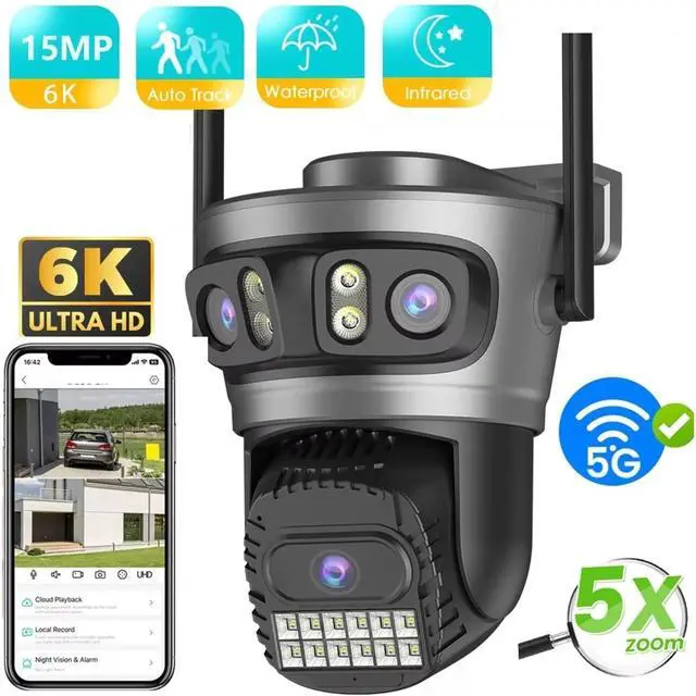 Alt view image 2 of 7 - 15MP WiFi Outdoor Camera Auto Tracking Multi Screens 5X Digital Zoom PTZ Security CCTV Surveillance(UK Plug,15MP with 32G Card)
