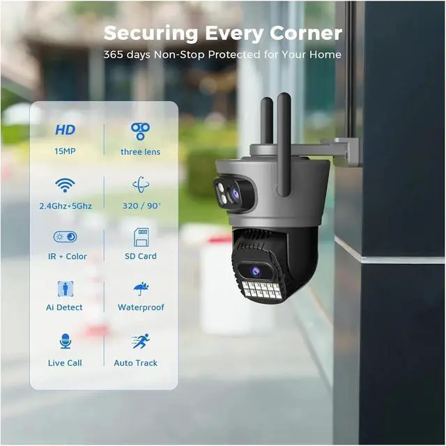 Alt view image 3 of 7 - 15MP WiFi Outdoor Camera Auto Tracking Multi Screens 5X Digital Zoom PTZ Security CCTV Surveillance(UK Plug,15MP with 32G Card)