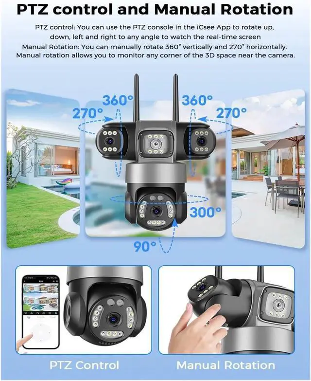 Alt view image 3 of 6 - ICsee PTZ IP Camera 8K 15MP 3-Lens 3-Screen 9MP 4K 2-Way Audio WiFi Outdoor CCTV Security Surveillance Cam(EU Plug,15MP Add 32G Card)