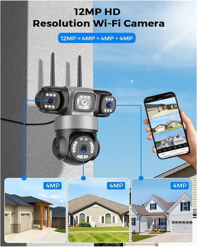 Alt view image 2 of 6 - ICsee PTZ IP Camera 8K 15MP 3-Lens 3-Screen 9MP 4K 2-Way Audio WiFi Outdoor CCTV Security Surveillance Cam(EU Plug,15MP Add 32G Card)