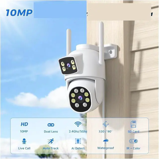 Alt view image 2 of 6 - 10MP IP Camera WiFi Dual Lens Outdoor Auto Tracking Night Vision 5G HZ WiFi CCTV Surveillance Camera Security Protection(US Plug,10MP NO SD Card)