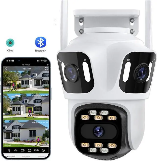 Alt view image 2 of 7 - Three Lens Three Screen IP Camera WiFi External Triple Lens Auto Track Security PTZ HD Camera ICsee Video Surveillance(US Plug)