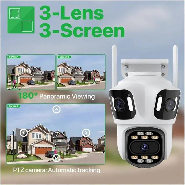 Alt view image 4 of 7 - Three Lens Three Screen IP Camera WiFi External Triple Lens Auto Track Security PTZ HD Camera ICsee Video Surveillance(US Plug)