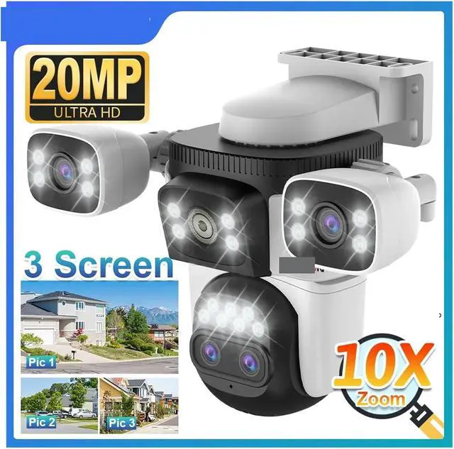 Alt view image 3 of 7 - 20MP Three Screens WiFi Security Camera Outdoor 10X Optical Zoom Four Lens Human Auto Tracking Waterproof CCTV Cameras(US Plug,10K 10xZoom Add 64G)