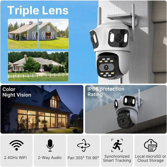 Alt view image 3 of 7 - Three Lens Three Screen IP Camera WiFi External Triple Lens Auto Track Security PTZ HD Camera ICsee Video Surveillance(US Plug)