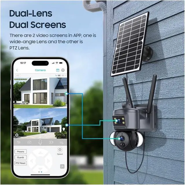 Alt view image 6 of 7 - 4K 8MP Solar Camera 4G SIM/WiFi Security Outdoor Dual Lens Recording Humanoid Tracking Color Night Vision PTZ Cam(12MP 4G 15X Zoom)
