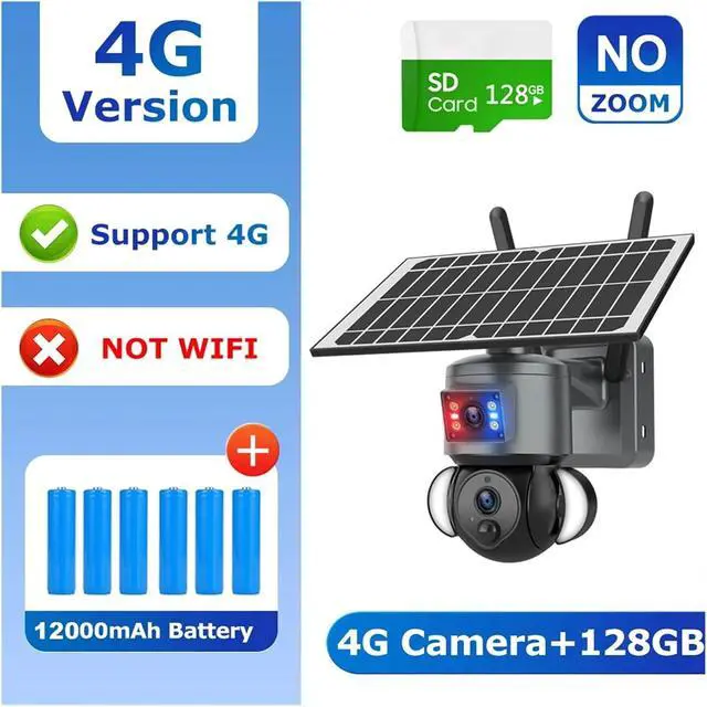 Alt view image 2 of 7 - 4K 8MP Solar Camera 4G SIM/WiFi Security Outdoor Dual Lens Recording Humanoid Tracking Color Night Vision PTZ Cam(8MP 4G 128GB NOZOOM)