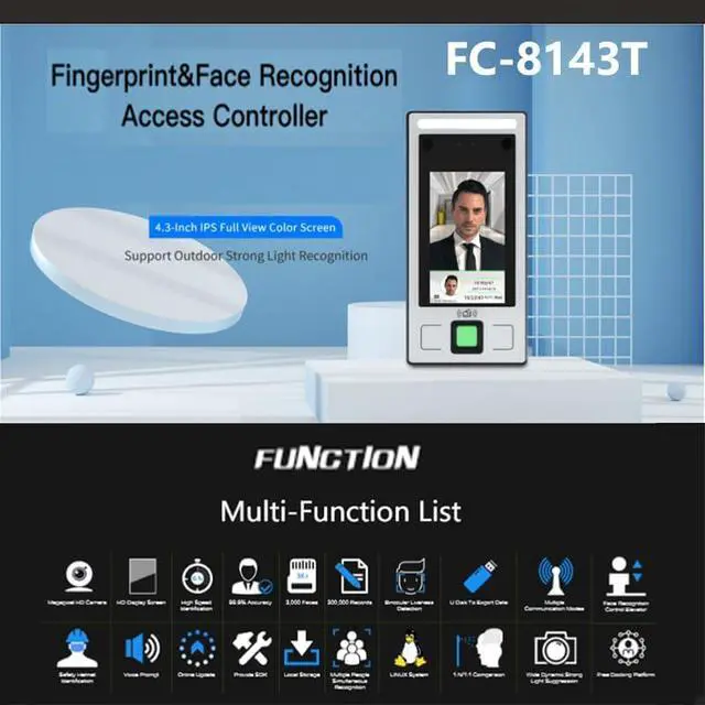 Alt view image 3 of 7 - FCARD FC-8143T 4.3-inch Screen IP65 Waterproof Dynamic Face+Fingerprint+ID(Optional IC) Card Recognition TCP/IP+WiFi(Optional) Access Control and attendance Terminal