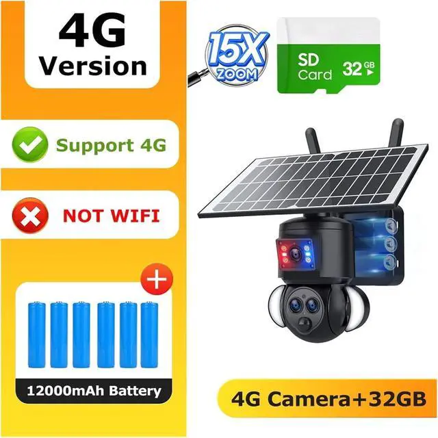 Alt view image 2 of 7 - 4K 8MP Solar Camera 4G SIM/WiFi Security Outdoor Dual Lens Recording Humanoid Tracking Color Night Vision PTZ Cam(12MP 4G 15X 32GB)