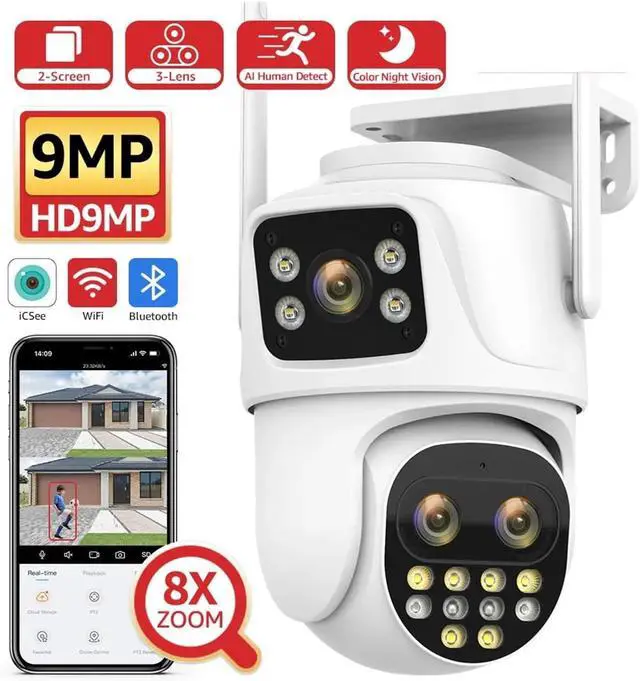 Alt view image 3 of 7 - WiFi Surveillance Camera Outdoor PTZ 9MP Three Lens 8X Digital Zoom AI Auto Tracking Humanoid Detection 4MP Security Camera(8MP WiFi Add 64G TF)