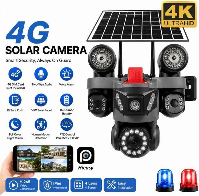 Alt view image 2 of 7 - 4-Lens 4G LTE Outdoor Solar Security Camera, 8MP pan tilt Camera, Full-Color Night Vision, Two-Way Audio, Motion Detection, IP66 Waterproof, no WiFi Required for Home/Farm