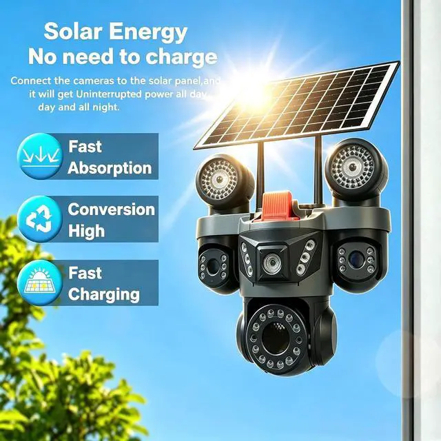 Alt view image 3 of 7 - 4-Lens 4G LTE Outdoor Solar Security Camera, 8MP pan tilt Camera, Full-Color Night Vision, Two-Way Audio, Motion Detection, IP66 Waterproof, no WiFi Required for Home/Farm