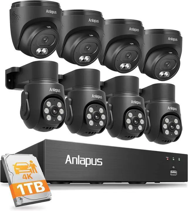 Main image of Anlapus 8 Channel 4K 8MP Surveillance Security Camera System Outdoor Indoor, 4 x 4K Pan Tilt Camera and 4 x Weatherproof CCTV Dome Camera, AI Human Vehicle Detection, Night Vision, 1TB Hard Drive