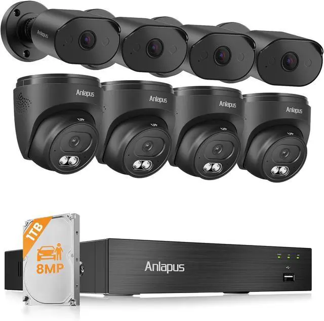 Main image of Anlapus 4K Home Security Camera System Outdoor Indoor, H.265+ 8CH CCTV DVR, 8 x Wired Weatherproof CCTV Surveillance Camera, AI Human Vehicle Detect, 80ft Night Vision, Audio Recording, Remote Access