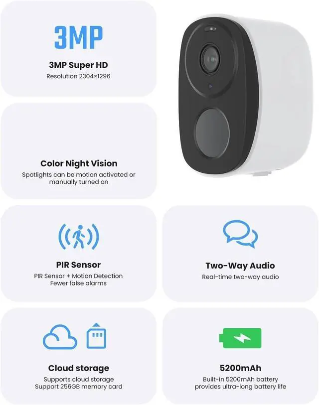 Alt view image 5 of 7 - PIR Battery Powered Camera Outdoor, 2K 3MP WiFi Security Camera with Spotlight Siren, 2-Way Audio, Waterproof(Battery Camera)