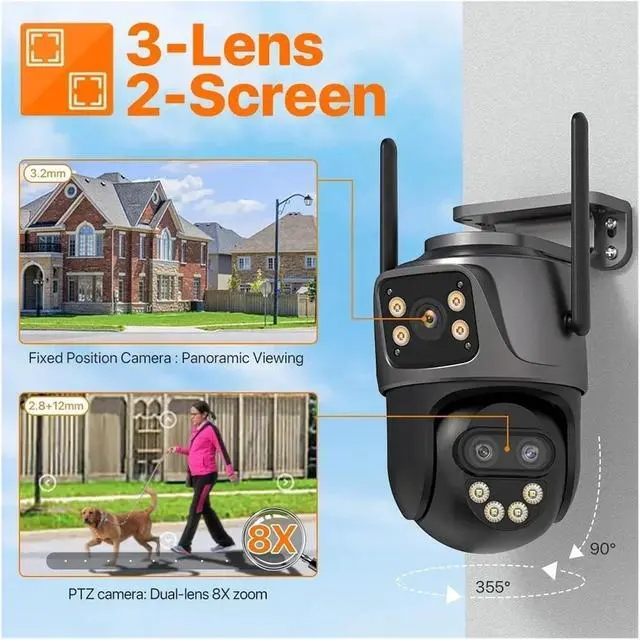 Alt view image 2 of 6 - WiFi IP Camera Outdoor 8X Zoom Three Lens Dual Screen PTZ Camera Auto Tracking Home Security CCTV Surveillance Icsee(US Plug)