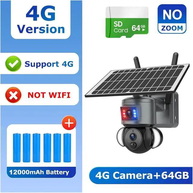 Alt view image 2 of 7 - 4K 8MP Solar Camera 4G SIM/WiFi Security Outdoor Dual Lens Recording Humanoid Tracking Color Night Vision PTZ Cam(8MP 4G 64GB NOZOOM)