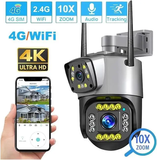 Alt view image 3 of 7 - Dual Lens 4G IP Camera WiFi 8MP 4K Surveillance Cameras Outdoor Smart Home Night Vision V380 Digital Zoom CCTV Camara(British Standard,8MP WiFi 128G Card)