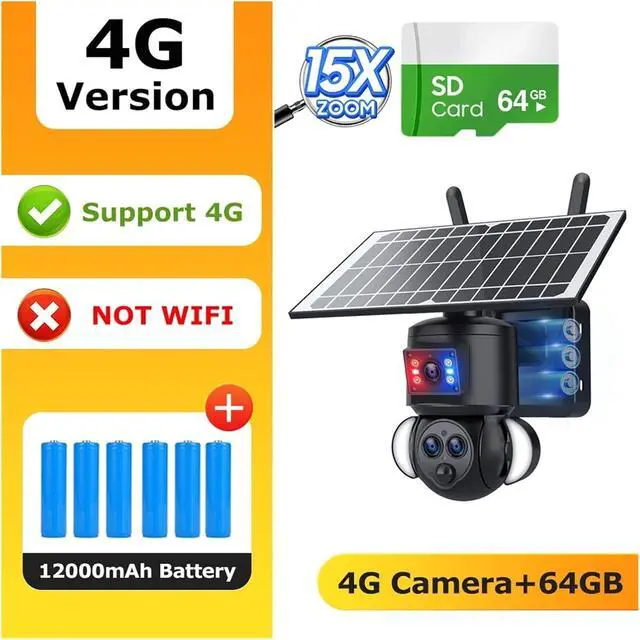 Alt view image 2 of 7 - 4K 8MP Solar Camera 4G SIM/WiFi Security Outdoor Dual Lens Recording Humanoid Tracking Color Night Vision PTZ Cam(12MP 4G 15X 64GB)