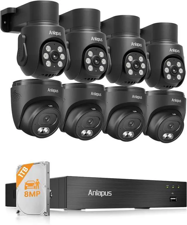 Main image of Anlapus 4K Home Security Camera System Outdoor Indoor, 4 x Weatherproof CCTV Dome Camera and 4 x Pan/Tilt Cam, AI Human Vehicle Detection, 80ft Night Vision, Audio Recording, Remote Access