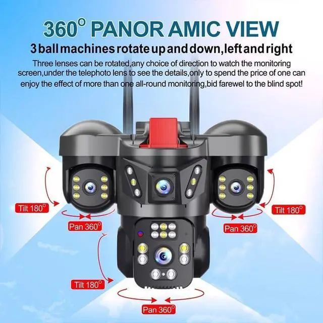 Alt view image 2 of 7 - 12MP 3 Lens 3 Screen WiFi PTZ Outdoor Camera, 10X Zoom, 360° View, PIR Detection, Auto Tracking, 2-Way Audio, Color Night Vision, V380 Pro, IP66