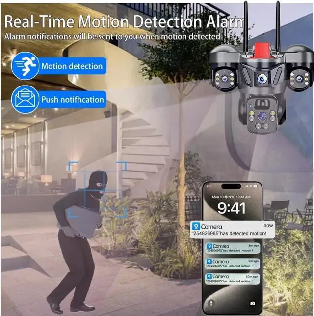 Alt view image 4 of 7 - 12MP 3 Lens 3 Screen WiFi PTZ Outdoor Camera, 10X Zoom, 360° View, PIR Detection, Auto Tracking, 2-Way Audio, Color Night Vision, V380 Pro, IP66