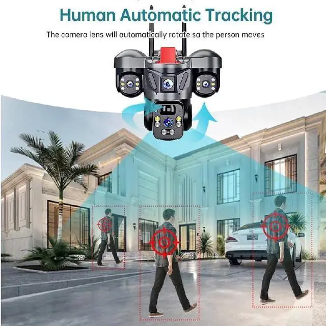 Alt view image 5 of 7 - 12MP 3 Lens 3 Screen WiFi PTZ Outdoor Camera, 10X Zoom, 360° View, PIR Detection, Auto Tracking, 2-Way Audio, Color Night Vision, V380 Pro, IP66