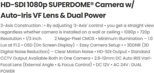 Main image of HD-SDI CCTV 2MP 1080p Eyemax SUPERDOME® Indoor Dome Camera with 2.8-12mm Lens, Dual Power, Dual Video Out, 3D DNR, OSD, Model XDL-204V, White Casing
