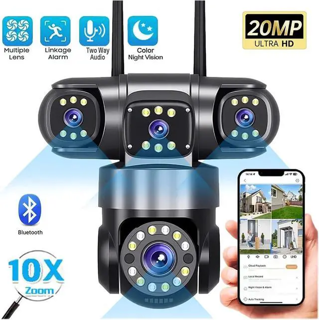 Alt view image 3 of 7 - 10K 20MP WiFi IP Camera Outdoor 4 Lens 4 Screens 16X Zoom CCTV Wireless Video Surveillance Cameras 6K 12MP Security Protection(EU Plug,6K with 64G Card)