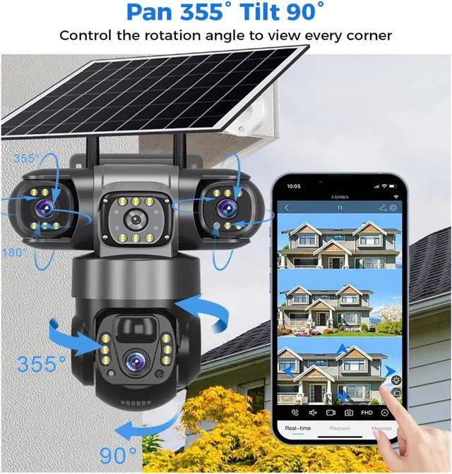 Alt view image 4 of 7 - V380 Pro Solar Camera 4G SIM Outdoor Three Lens Three Screens PIR Human Detect CCTV Security Battery PTZ IP Farm Orchard(4G Camera add 128G)