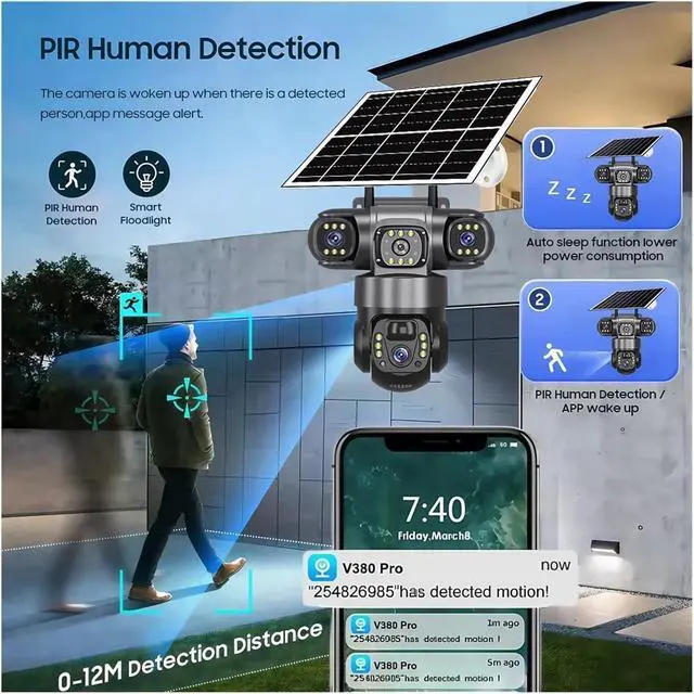 Alt view image 5 of 7 - V380 Pro Solar Camera 4G SIM Outdoor Three Lens Three Screens PIR Human Detect CCTV Security Battery PTZ IP Farm Orchard(4G Camera add 128G)