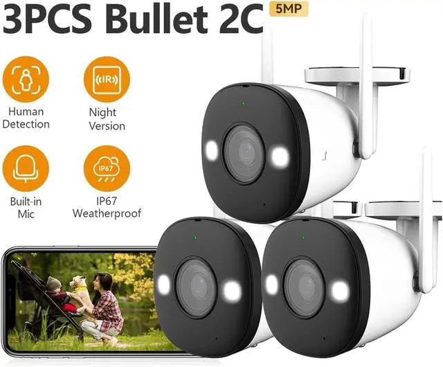 Alt view image 2 of 6 - 3PCS Bullet 2C 5MP Wi-Fi Dual Antenna Outdoor Night Vision IP67 Weatherproof Audio Recording AI Human Detect IPC-F22P(EU Plug_3PCS 5MP ADD 128G)
