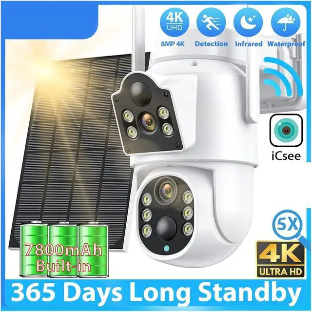 Alt view image 3 of 7 - 8MP 4K Solar WiFi Outdoor Camera Dual Lens ICSEE Wireless Home Surveillance Camera 7800mAh Battery 365 Days Standby Security CAM(White 8MP Camera)