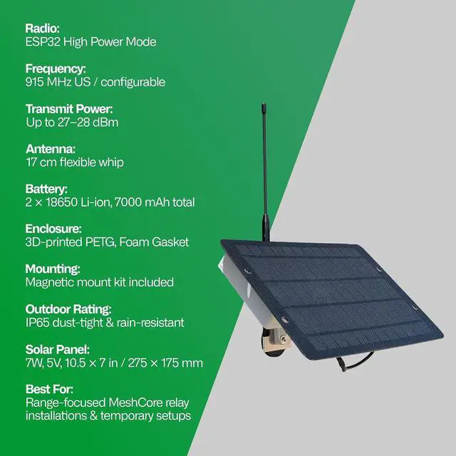 Alt view image 3 of 7 - Relay Lite ESP32 Solar LoRa Mesh Repeater, MeshCore Version, Magnetic Mount Kit, Mesh Network Extender, 7W Solar Panel, IP65 Outdoor Enclosure, 915 MHz Antenna, High Power Mode, 28 dBm