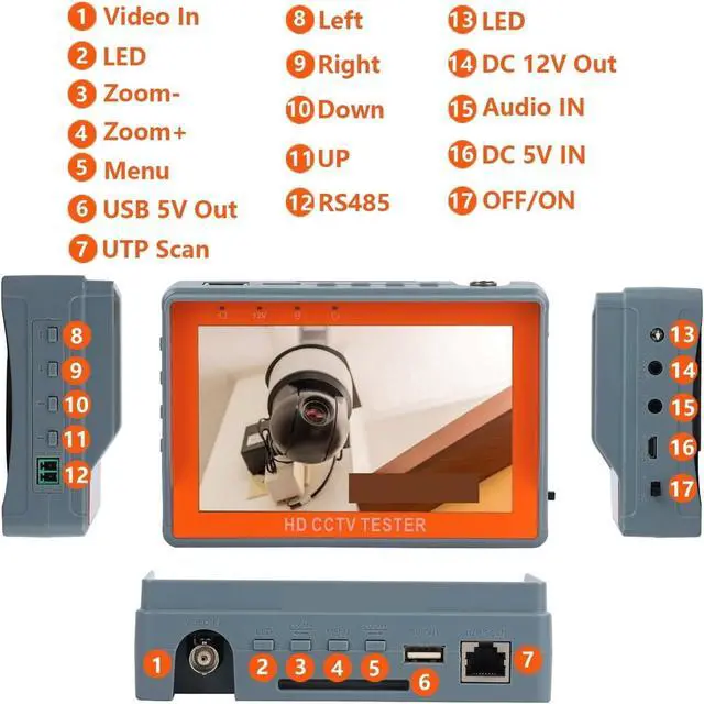 Alt view image 4 of 7 - CCTV Tester, CCTV Tester IV5 8MP 12V1A AHD TVI CVI 5'' Monitor Security PTZ Support PAL/NTSC Video Signal CVBS Testing Portable