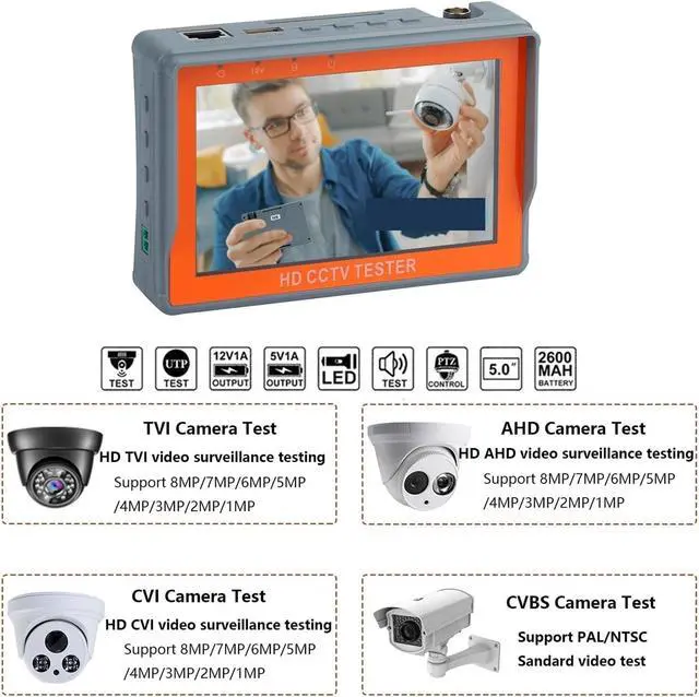 Alt view image 6 of 7 - CCTV Tester, CCTV Tester IV5 8MP 12V1A AHD TVI CVI 5'' Monitor Security PTZ Support PAL/NTSC Video Signal CVBS Testing Portable