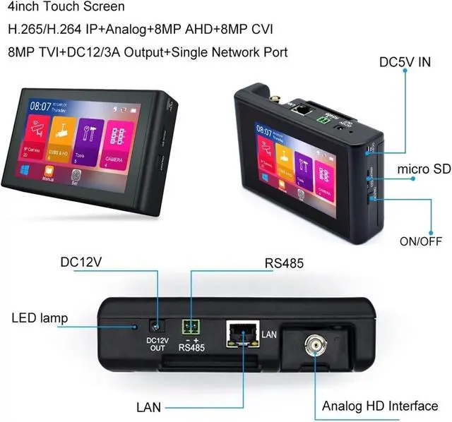 Alt view image 4 of 6 - CCTV Tester, 4 Inch 4K HD IP CCTV Tester Monitor AHD CVBS CVI TVI 8MP Camera Testing PTZ POE 48V Out