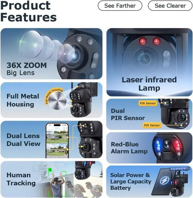 Alt view image 5 of 7 - 4K 8MP 36X Zoom 4G Solar Camera Dual Lens Dual Screen Human Detect Auto Tracking Outdoor 10W Solar Panel WiFi CCTV(36X Zoom 4G 32GB)
