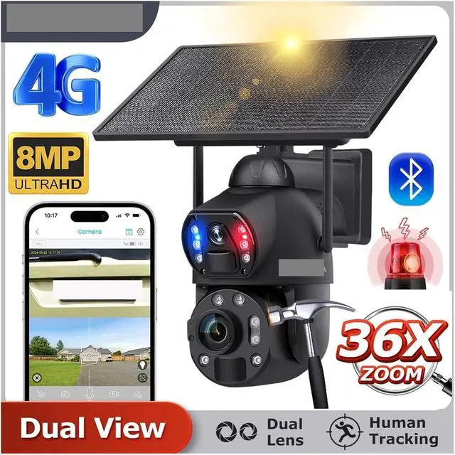 Alt view image 3 of 7 - 4K 8MP 36X Zoom 4G Solar Camera Dual Lens Dual Screen Human Detect Auto Tracking Outdoor 10W Solar Panel WiFi CCTV(36X Zoom 4G 32GB)