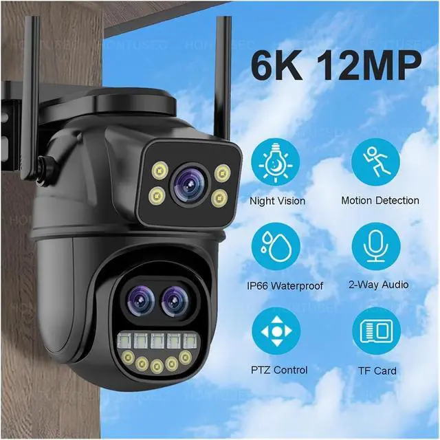 Alt view image 3 of 7 - 6K 12MP ICSEE WiFi Security Camera 3 Lens Dual Screen 8X Zoom Outdoor Waterproof Color Night Vision IP66 Surveillance Camera(UK Plug,3LENS 12MP NO Card)