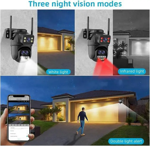 Alt view image 7 of 7 - 6K 12MP ICSEE WiFi Security Camera 3 Lens Dual Screen 8X Zoom Outdoor Waterproof Color Night Vision IP66 Surveillance Camera(UK Plug,3LENS 12MP NO Card)