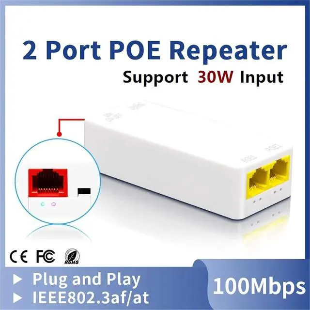 Alt view image 2 of 7 - Repeater POE 2 Port POE Repeater 100Mbps 1 to 2 PoE Extender with IEEE802.3af/at Plug&Play 48V