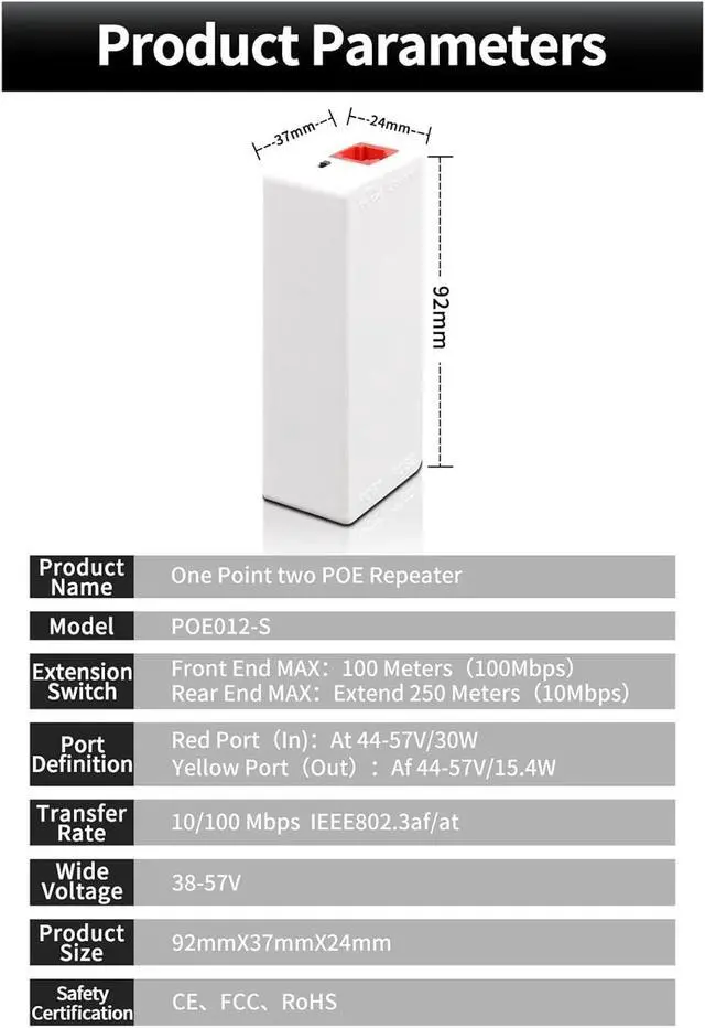 Alt view image 3 of 7 - Repeater POE 2 Port POE Repeater 100Mbps 1 to 2 PoE Extender with IEEE802.3af/at Plug&Play 48V