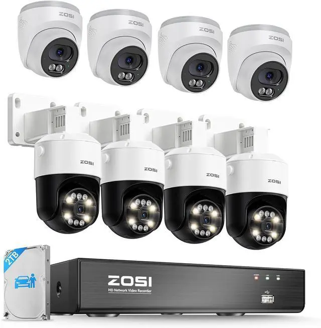 Main image of ZOSI 8CH (16CH Expandable) 4K PoE Security Camera System, 4X C220 4K 8MP PoE Camera and 4X C296 4K 8MP PoE IP Pan/Tilt Security Camera Outdoor, Night Vision, AI Detection, 2TB HDD for 24/7 Record