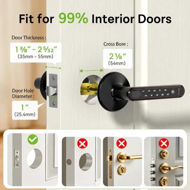 Alt view image 6 of 7 - Ghome Smart Fingerprint Door Knob with Lock, 5-in-1 Keyless Entry Door Lock with Handle, App Control, Passcode & Key, Fingerprint Door Lock for Bedroom, Biometric Smart Lock for Apartment & Home