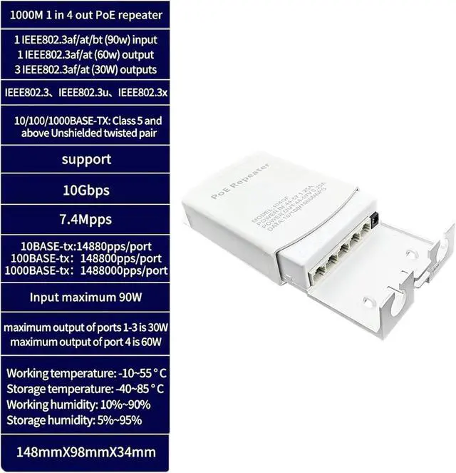 Alt view image 5 of 6 - Repeater POE 5 Port POE Extender 4 Port Repeater 1000Mbps Waterproof Outdoor Indoor Network IP55 44-57V