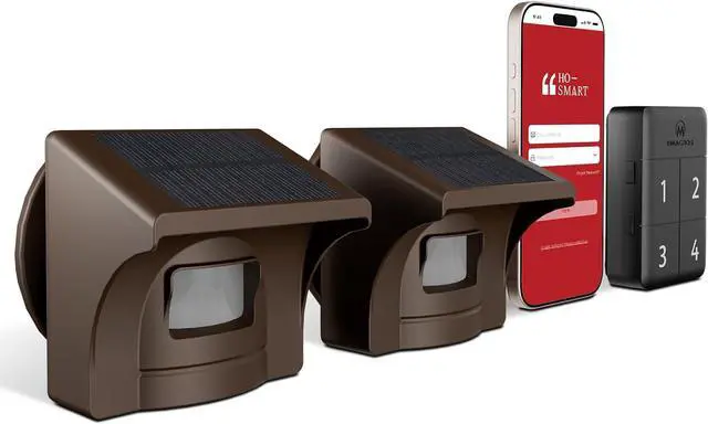 Main image of eMACROS Pro 4 Smart Solar Driveway Alarm (2.4G Wi-Fi Only) - App Push Notifications, 1/2 Mile Wireless Range Motion Sensor & Rechargeable Base Station with 3-Day Backup (1 Base & 2 Sensors)