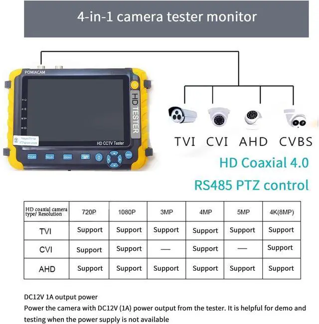 Alt view image 4 of 6 - CCTV Tester Ahd Camera MonitorCCTV Tester4 in 1 Cameras Test Tool ptz Control,Input Monitor. DC 12V Power Out Support IP Camera
